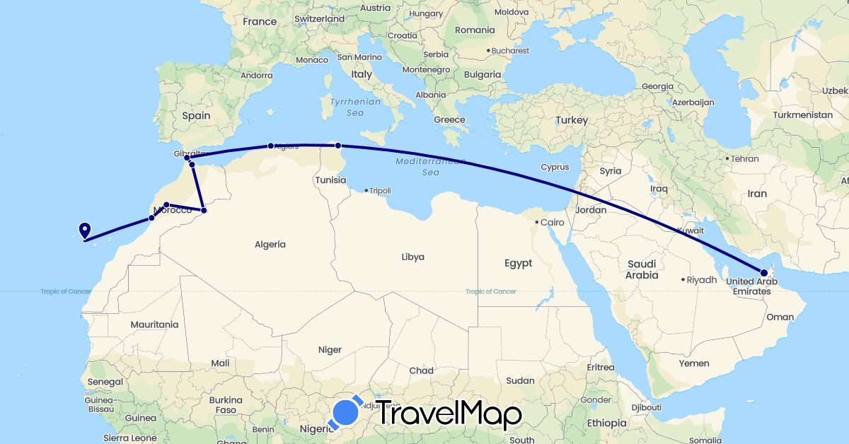 TravelMap itinerary: driving in United Arab Emirates, Algeria, Spain, Morocco, Tunisia (Africa, Asia, Europe)